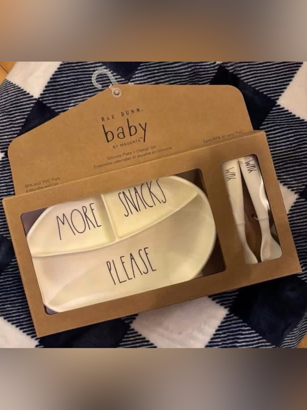 Rae Dunn Baby Cream Silicone Divided Plate - More Snacks Please & Utensils